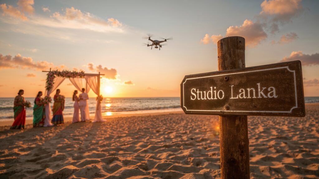 A Sri Lankan beach wedding at sunset with a couple under a floral arch, guests in sarees, and a drone above. The Studio Lanka logo is etched as a blueprint watermark on a signpost, in a pink-gold palette with lens flares and shallow depth of field.