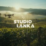 A cinematic sunrise over Ella tea plantations, captured by a drone flying above rolling green hills and misty valleys. Workers dot the landscape, adding life and scale. The Studio Lanka logo is etched on a wooden fence in blueprint style with glowing white technical linework. The scene blends green-blue tones with soft mist, dynamic lighting, and shallow depth of field for an artistic aerial effect.
