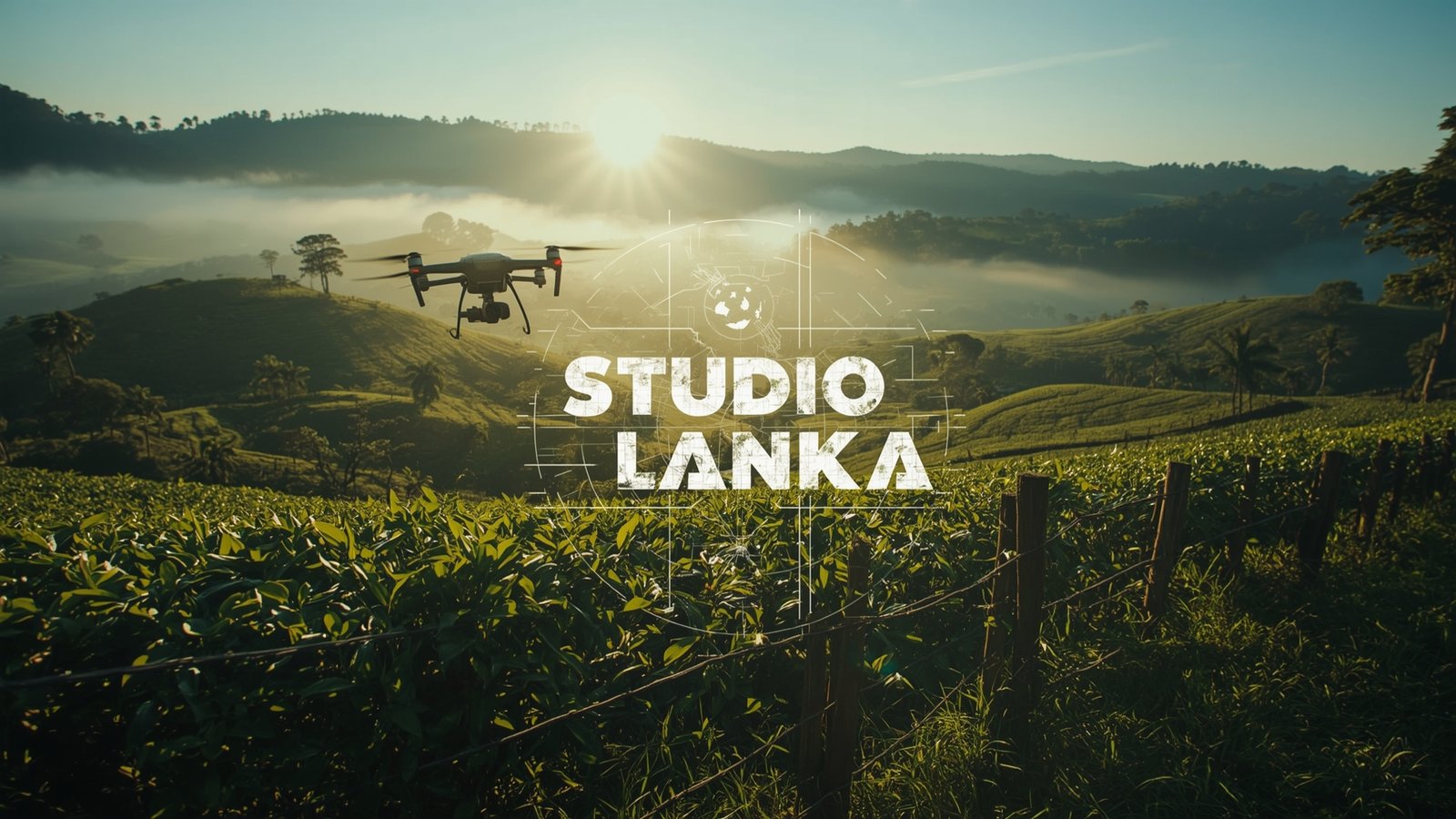A cinematic sunrise over Ella tea plantations, captured by a drone flying above rolling green hills and misty valleys. Workers dot the landscape, adding life and scale. The Studio Lanka logo is etched on a wooden fence in blueprint style with glowing white technical linework. The scene blends green-blue tones with soft mist, dynamic lighting, and shallow depth of field for an artistic aerial effect.