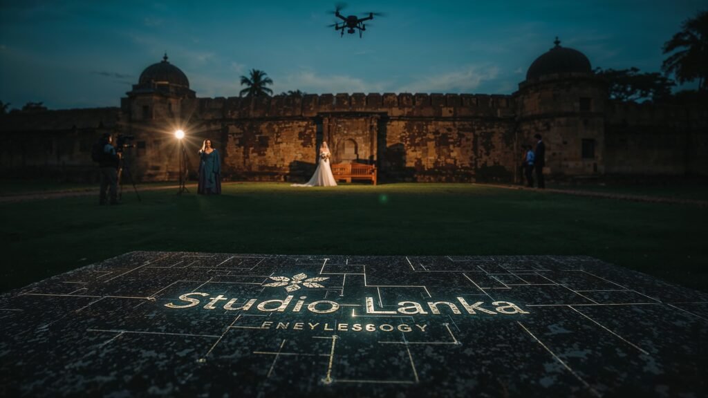 A Galle Fort scene at dusk with a film crew capturing a wedding video, a drone hovering, and a couple posing against colonial walls. The Studio Lanka logo is etched as a blueprint watermark on a stone bench, glowing with white technical linework. The blue-gold palette highlights fabrics and stone, with lens flares and a shallow depth of field.