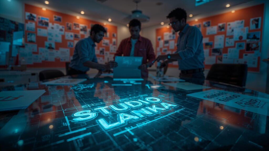A Colombo design studio with a team brainstorming a logo on a digital tablet, vibrant mood boards on walls. The Studio Lanka logo is etched as a blueprint watermark on a glass desk, glowing with white technical linework. The blue-orange palette highlights paper and screens, with reflections and a shallow depth of field.