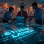A Colombo design studio with a team brainstorming a logo on a digital tablet, vibrant mood boards on walls. The Studio Lanka logo is etched as a blueprint watermark on a glass desk, glowing with white technical linework. The blue-orange palette highlights paper and screens, with reflections and a shallow depth of field.