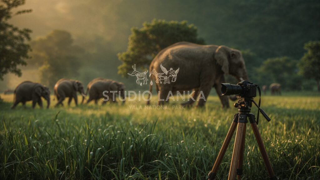 A Yala National Park scene at dawn with a photographer capturing an elephant herd, lush jungle in the background. The Studio Lanka logo is etched as a blueprint watermark on a wooden tripod, glowing with white technical linework. The green-gold palette highlights grass and wildlife, with mist and a shallow depth of field.