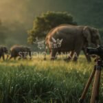 A Yala National Park scene at dawn with a photographer capturing an elephant herd, lush jungle in the background. The Studio Lanka logo is etched as a blueprint watermark on a wooden tripod, glowing with white technical linework. The green-gold palette highlights grass and wildlife, with mist and a shallow depth of field.
