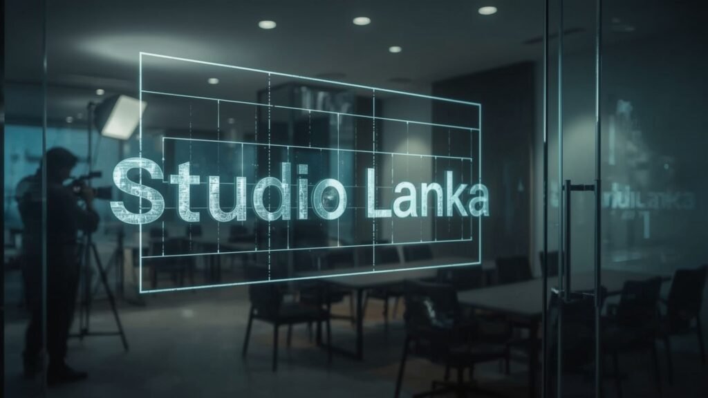 A Colombo office scene with a photographer capturing executive headshots under soft studio lighting, modern decor in the background. The Studio Lanka logo is etched as a blueprint watermark on a glass partition, glowing with white technical linework. The grey-blue palette highlights glass and fabric, with reflections and a shallow depth of field.