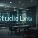 A Colombo office scene with a photographer capturing executive headshots under soft studio lighting, modern decor in the background. The Studio Lanka logo is etched as a blueprint watermark on a glass partition, glowing with white technical linework. The grey-blue palette highlights glass and fabric, with reflections and a shallow depth of field.