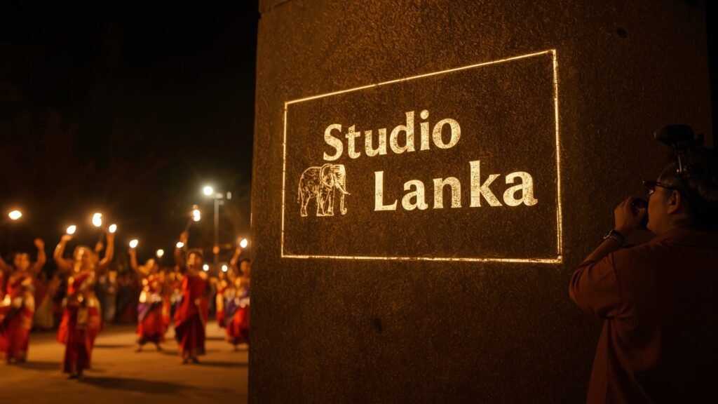 A Kandy Esala Perahera scene at night with a videographer filming vibrant dancers and elephants under torchlight. The Studio Lanka logo is etched as a blueprint watermark on a stone pillar, glowing with white technical linework. The red-gold palette highlights costumes, with fire glow and a shallow depth of field.