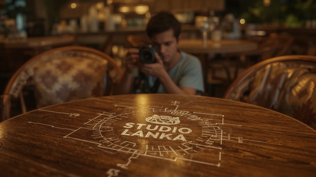 A Colombo cafe scene with a photographer shooting a lifestyle Instagram reel, vibrant coffee and decor in focus. The Studio Lanka logo is etched as a blueprint watermark on a wooden table, glowing with white technical linework. The brown-gold palette highlights fabrics and ceramics, with steam and a shallow depth of field.