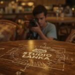 A Colombo cafe scene with a photographer shooting a lifestyle Instagram reel, vibrant coffee and decor in focus. The Studio Lanka logo is etched as a blueprint watermark on a wooden table, glowing with white technical linework. The brown-gold palette highlights fabrics and ceramics, with steam and a shallow depth of field.