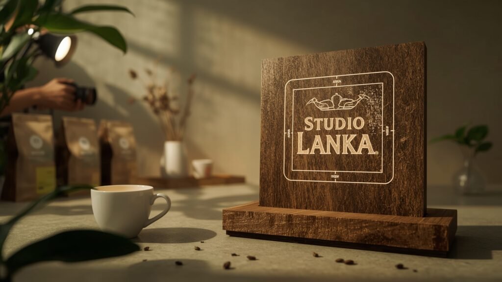 A professional studio setup showing a photographer capturing Ceylon tea packaging with soft lighting, minimalistic props, and cinematic tones. The Studio Lanka logo is subtly etched on a wooden block, with glowing blueprint-style linework, creating a clean, modern product photography environment.