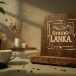 A professional studio setup showing a photographer capturing Ceylon tea packaging with soft lighting, minimalistic props, and cinematic tones. The Studio Lanka logo is subtly etched on a wooden block, with glowing blueprint-style linework, creating a clean, modern product photography environment.