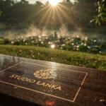 A professional photographer capturing a family portrait at sunrise in Viharamahadevi Park, surrounded by lush greenery. The Studio Lanka logo is etched on a wooden bench in blueprint style, glowing with technical linework. The scene glows in a cinematic green-gold palette with light rays, soft shadows, and shallow depth of field, highlighting the warmth of the moment.