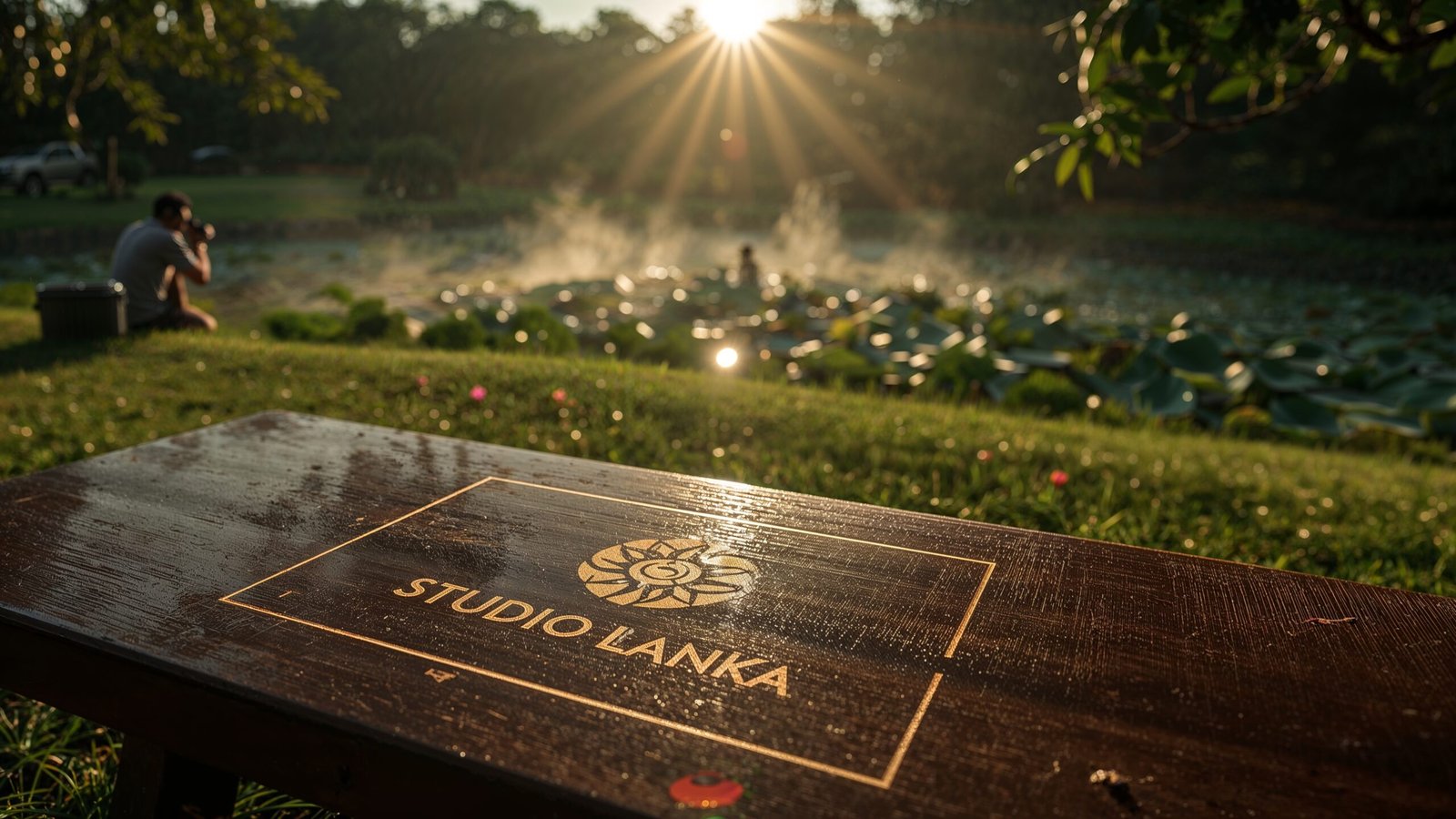 A professional photographer capturing a family portrait at sunrise in Viharamahadevi Park, surrounded by lush greenery. The Studio Lanka logo is etched on a wooden bench in blueprint style, glowing with technical linework. The scene glows in a cinematic green-gold palette with light rays, soft shadows, and shallow depth of field, highlighting the warmth of the moment.